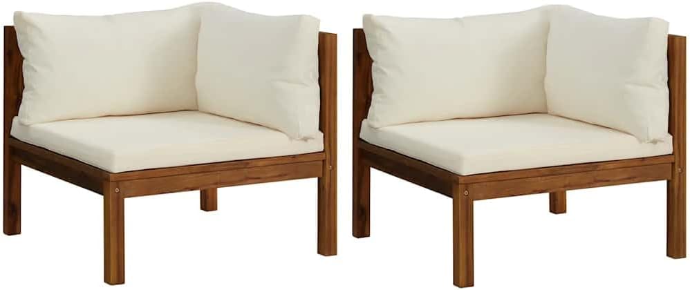 2 pcs Corner Sofas with Cream White Cushions, Solid Acacia Wood Outdoor & Indoor Garden Corner Chair with Sofa Cushion, Outdoor Conversation Set Sectional Sofa,-592