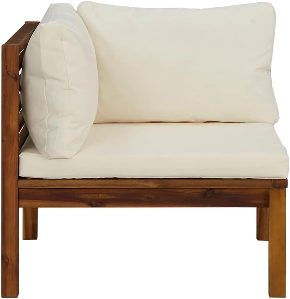 2 pcs Corner Sofas with Cream White Cushions, Solid Acacia Wood Outdoor & Indoor Garden Corner Chair with Sofa Cushion, Outdoor Conversation Set Sectional Sofa,-592
