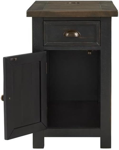 Martin Svensson Home Monterey Chairside Table - Black with Brown Top - Coastal Multi-Use Table with Charging Station and Drawer for Bedroom or Living Room
