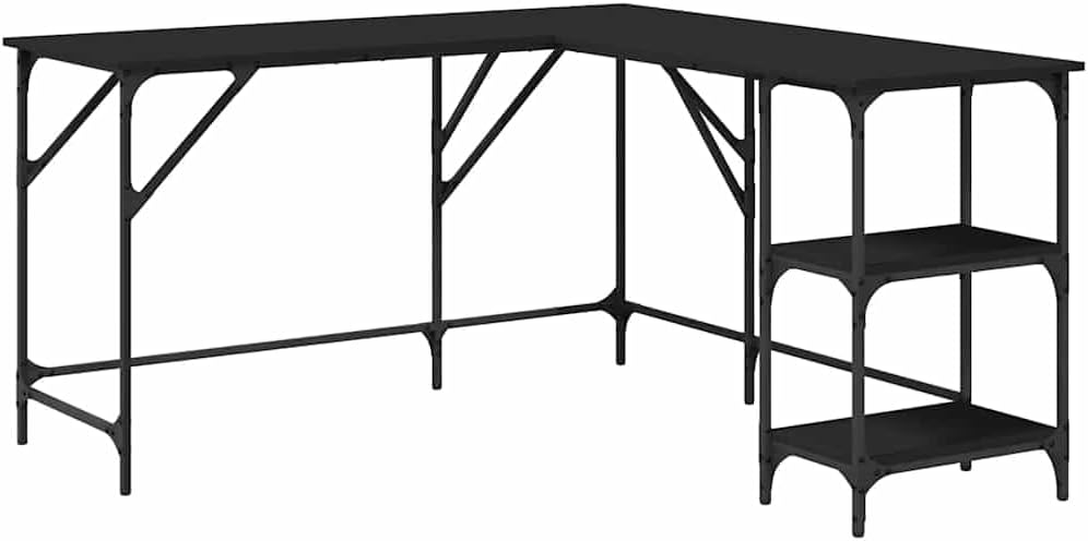 L Shaped Computer Desk with Shelves, Corner Desk L-Shaped Desk PC Desks, PC Work Table for Home Office, Black 54.7'x54.7'x29.5' Engineered Wood,-330