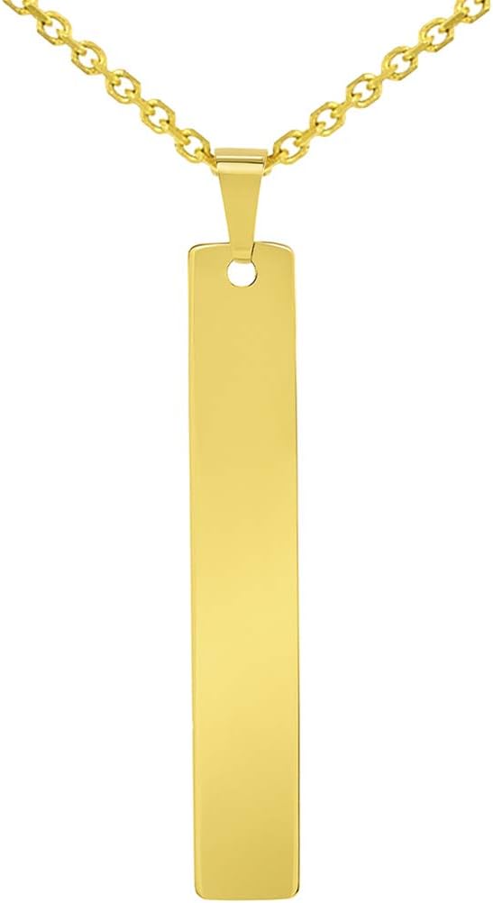Jewelry America Solid 14k Yellow Gold Engravable Personalized Vertical Bar Charm Pendant with Cable, Curb, or Figaro Chain Necklaces