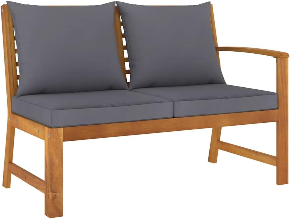 Wooden 2-Seater Patio Bench with Dark Gray Cushion, Outdoor Solid Acacia Wood 2-Seater Sofa Seat for Garden, Deck, Backyard,-715