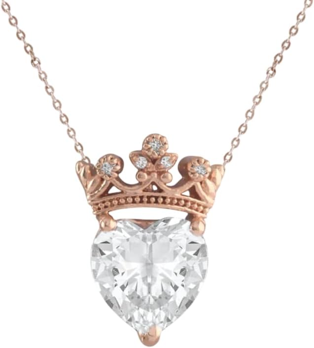 HANDMADE Heart Shaped Moissanite Women's Crown Pendant Necklace, 925 Sterling Silver, 14k Rose Gold Plated, Cable Chain with Adjustable Lobster Claw