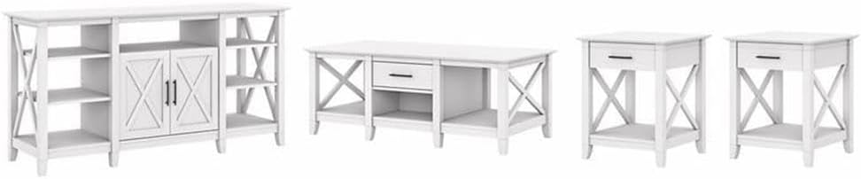 Bush Home Key West Tall TV Stand with Coffee Table and Set of 2 End Tables in Pure White Oak