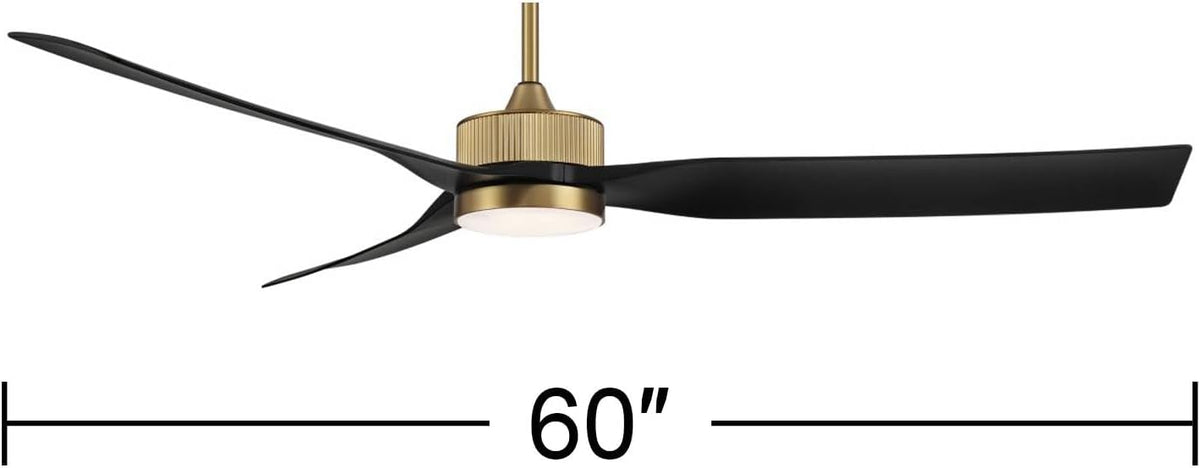 Casa Vieja 60' Montage Modern Indoor Outdoor Ceiling Fan 3 Blade LED Light Remote Control Soft Brass Finish Black Blades Bedroom Patio Living Room Kitchen Porch Damp Rated Decorative DC Motor Garage