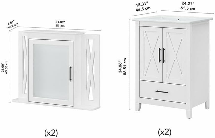 Bush Home Key West 48W Double Vanity Set with Sinks and Medicine Cabinets in White Ash