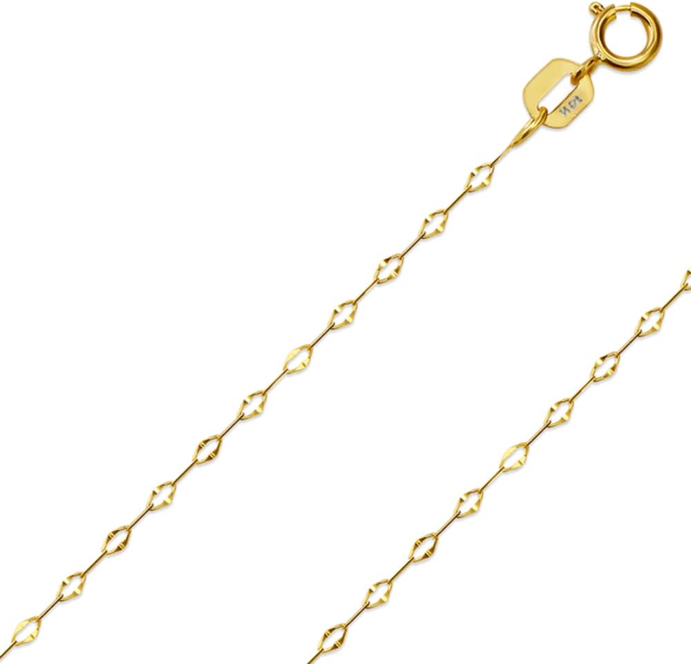 Italian Fashions 14K, 10K Yellow or White or Rose Solid Gold Italian Diamond Cut 0.8 mm-1.2 mm Rope and Mirror Cable Chain Necklace Thin & Strong gold chain Thin And Lightweight MADE IN ITALY