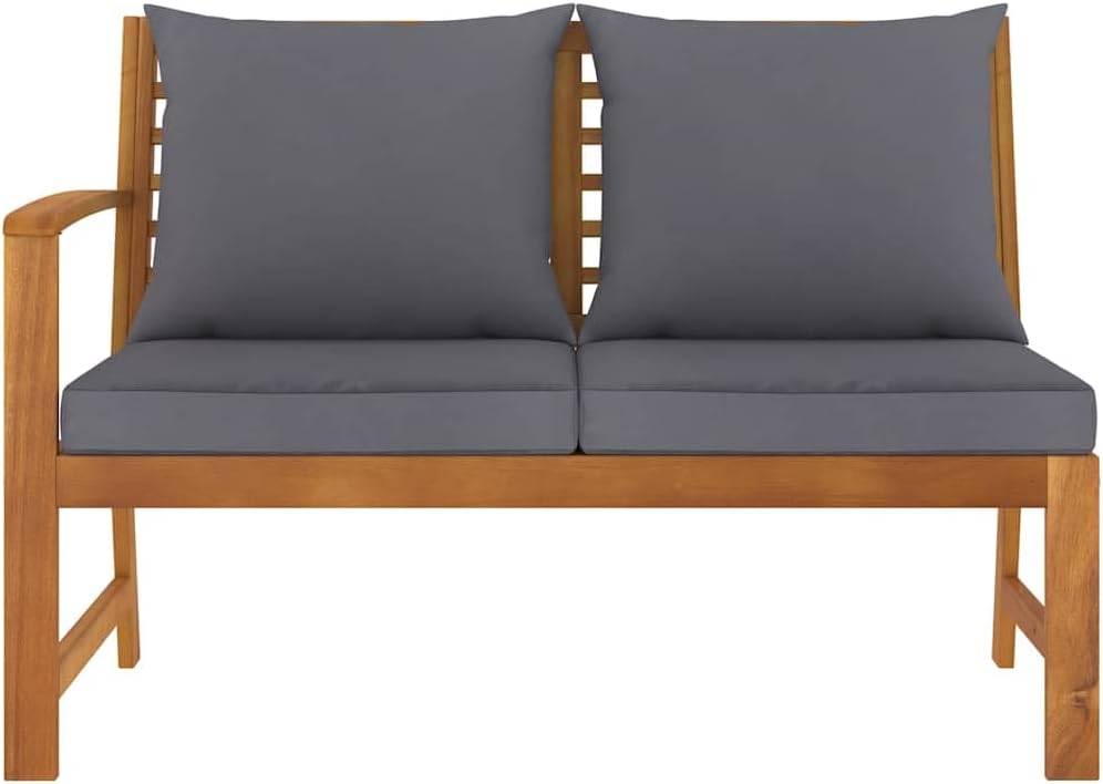 Wooden 2-Seater Patio Bench with Dark Gray Cushion, Outdoor Solid Acacia Wood 2-Seater Sofa Seat for Garden, Deck, Backyard,-713