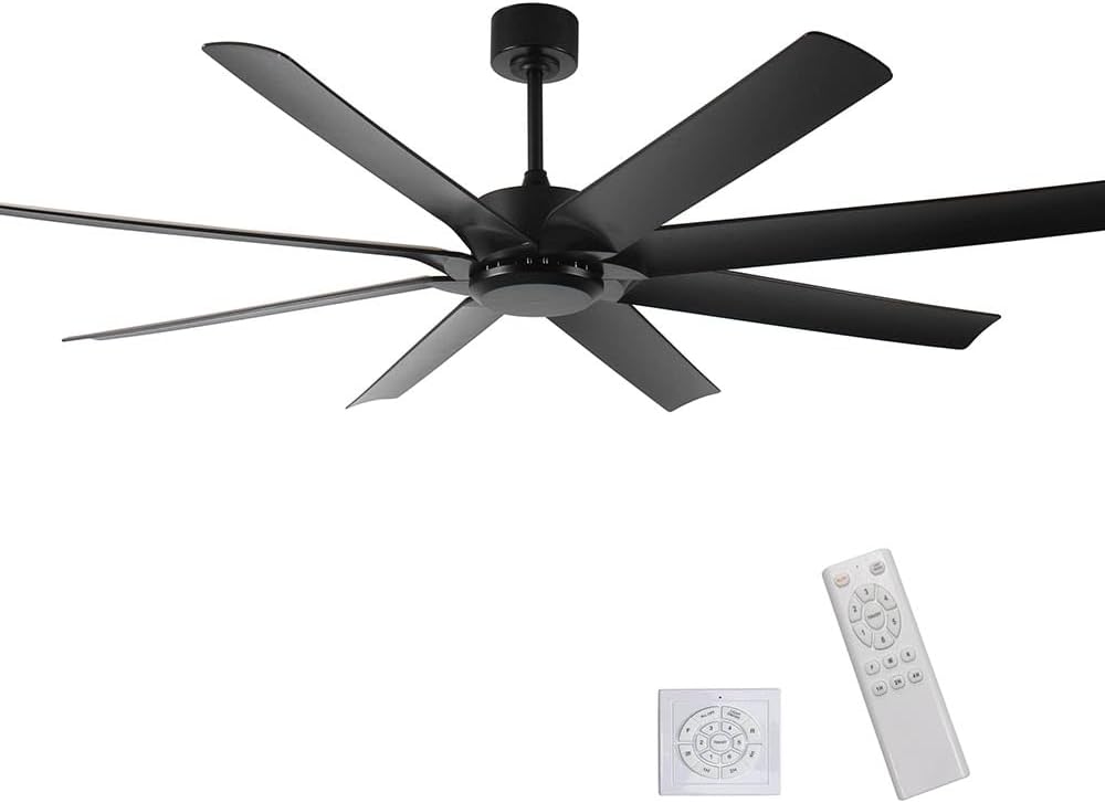 72inch Large Ceiling Fans No light,Industrial Ceiling Fan with 8 Blades(ABS),Reversible DC Motor,Quiet Fans with Remote control,3 Downrods,Black Ceiling Fans for Patio/Porch/Garage/Shop