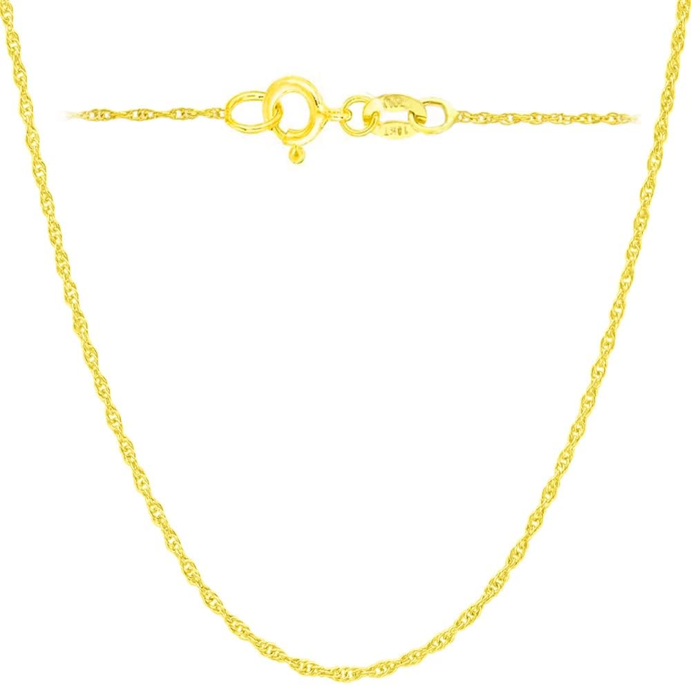 Italian Fashions 14K, 10K Yellow or White or Rose Solid Gold Italian Diamond Cut 0.8 mm-1.2 mm Rope and Mirror Cable Chain Necklace Thin & Strong gold chain Thin And Lightweight MADE IN ITALY