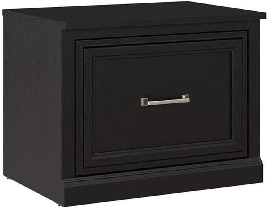 Bush Furniture Woodland 24W Small Shoe Bench with Drawer in Black Suede Oak | Narrow Footwear Organizer for Home Entryway, Mudroom, and Foyer