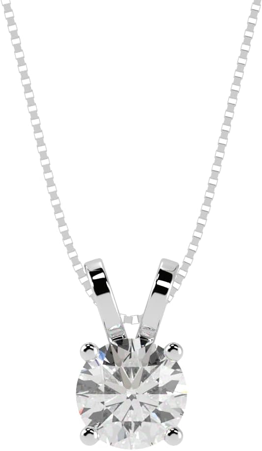 0.5 to 10 Carat 14K White Gold Lab Grown Diamond Solitaire Pendant Necklace, Round Cut Solitaire, 4-Prong Setting, Jewelry for Women (E-F, VS)