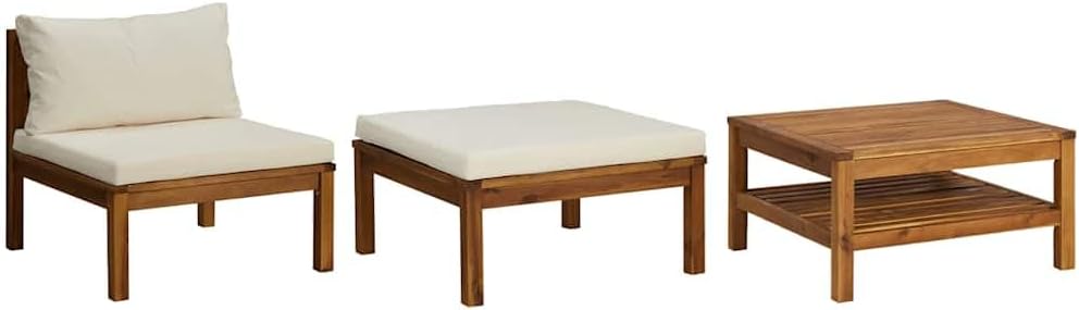 3 Piece Patio Conversation Sofa Set with Cream White Cushions, Acacia Wood Patio Furniture Set with Middle Sofa, Coffee Table, Footrest for Porch, Deck, Backyard,-594