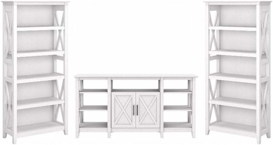 Bush Home Key West Tall TV Stand with Set of 2 Bookcases in Pure White Oak, Farmhouse Entertainment Center for 65 Inch Television