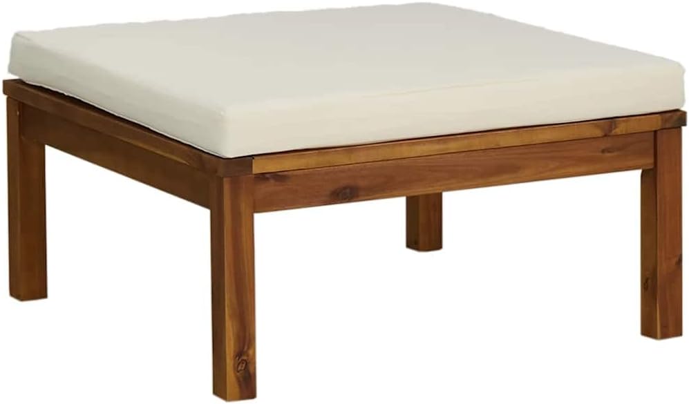 3 Piece Patio Conversation Sofa Set with Cream White Cushions, Acacia Wood Patio Furniture Set with Middle Sofa, Coffee Table, Footrest for Porch, Deck, Backyard,-594