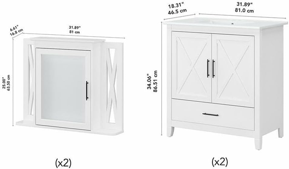 Bush Home Key West 64W Double Vanity Set with Sinks and Medicine Cabinets in White Ash
