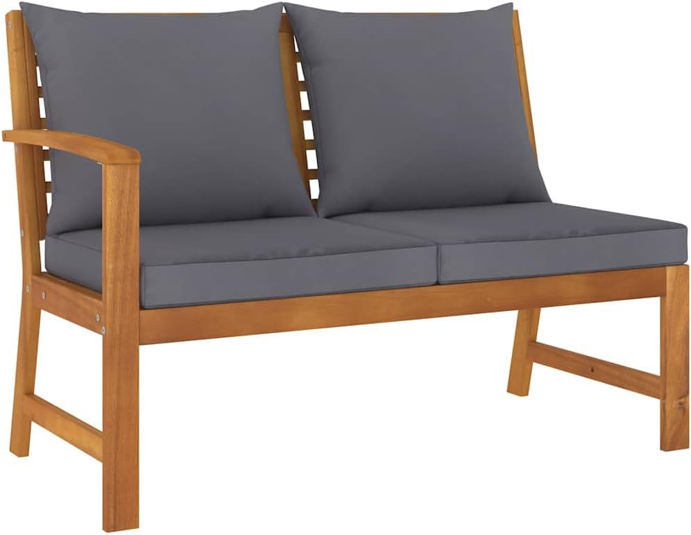 Wooden 2-Seater Patio Bench with Dark Gray Cushion, Outdoor Solid Acacia Wood 2-Seater Sofa Seat for Garden, Deck, Backyard,-713