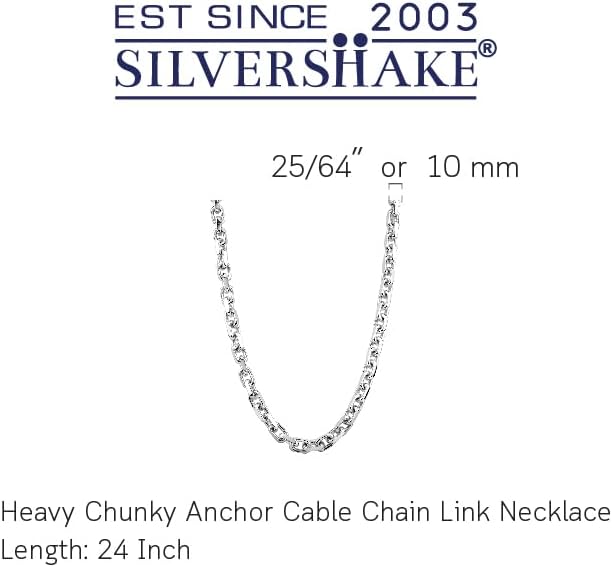 Silvershake 10MM 925 Sterling Silver Fashion Heavy Chunky Anchor Cable Chain Link Necklace 24 Inch Jewelry for Women or Men Unisex