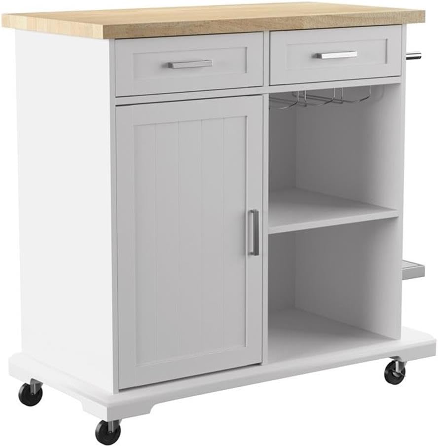 SEI Furniture - Warkin Rolling Kitchen Island with Storage - Transitional Design, White Glass and Wood - Ideal for Kitchen, Dining Room (KA1133961)