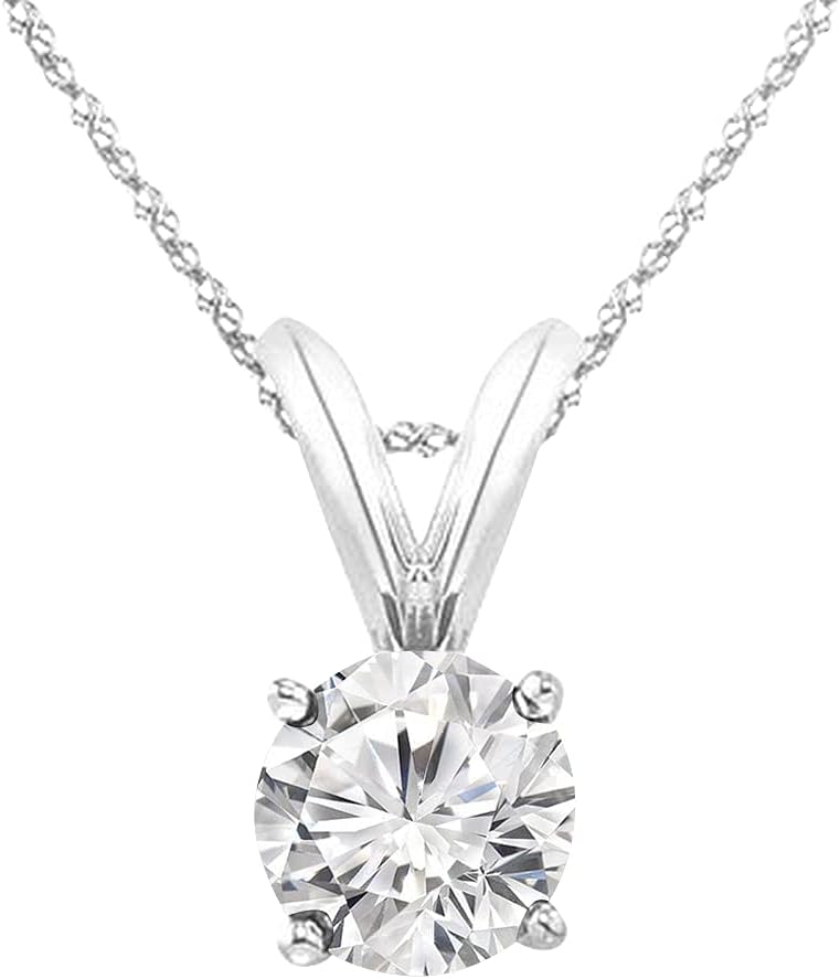 0.5 to 10 Carat 14K White Gold Lab Grown Diamond Solitaire Pendant Necklace, Round Cut Solitaire, 4-Prong Setting, Jewelry for Women (E-F, VS)