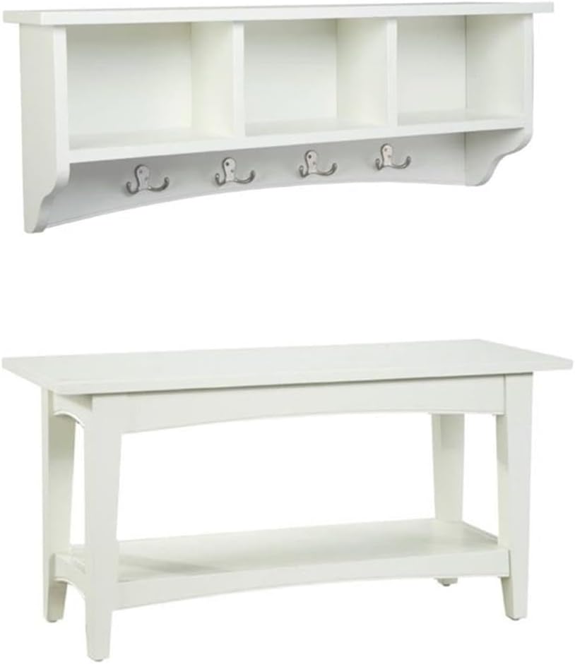 Alaterre Furniture Shaker Cottage Wall Mounted Storage Cubbies, Ivory Coat Hook and Bench Set