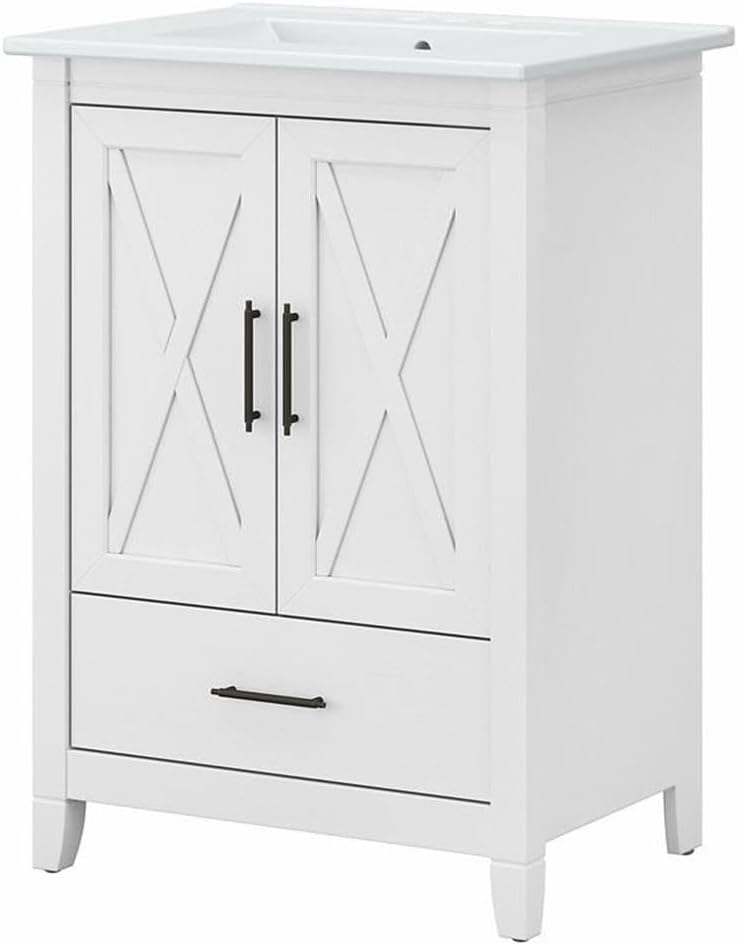 Bush Home Key West 24W Bathroom Vanity with Sink in White Ash | Bath Room Ceramic and Wood Storage Solution for Powder Room