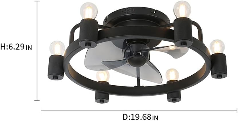 Black Ceiling Fan Light Retro Industrial Style Ceiling Fan Lights with Fan Low Noise 6 Lights Lighting for Restaurant Living Room Bedroom Study
