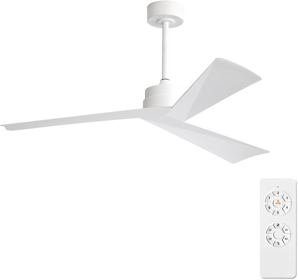 WINGBO 52' DC Ceiling Fan without Lights, White Ceiling Fan with Remote, 3 ABS Plastic Blades, 6 Speed Reversible DC Motor, Ceiling Fans No Light for Kitchen Bedroom Living Room