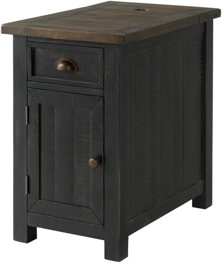 Martin Svensson Home Monterey Chairside Table - Black with Brown Top - Coastal Multi-Use Table with Charging Station and Drawer for Bedroom or Living Room