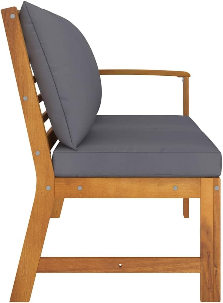 Wooden 2-Seater Patio Bench with Dark Gray Cushion, Outdoor Solid Acacia Wood 2-Seater Sofa Seat for Garden, Deck, Backyard,-715
