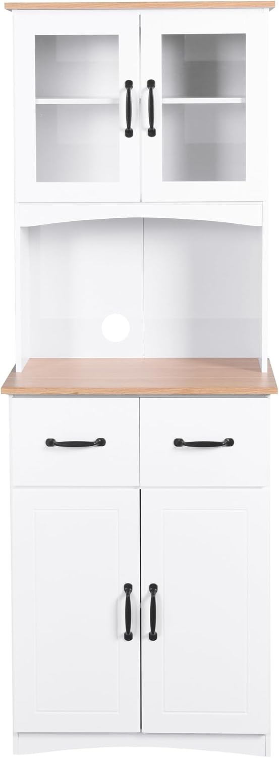 GDFStudio Wooden Kitchen Pantry Cupboard with Framed Glass Doors & Drawer, Freestanding Storage Cabinet Hutch, Kitchen Living Room Rectangle Storage Cabinet, Home Organization Cupboard, White