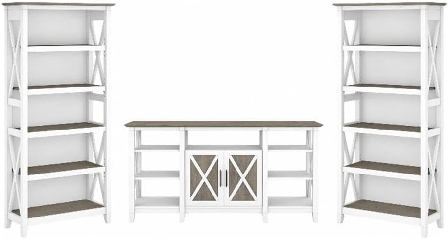 Bush Furniture Key West Tall TV Stand with Set of 2 Bookcases, Farmhouse Entertainment Center for 65 Inch Television, 17D x 60W x 66H, Pure White and Shiplap Gray