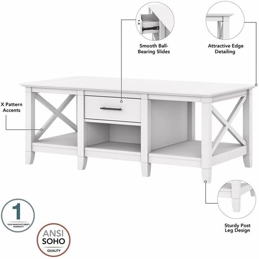 Bush Home Key West Tall TV Stand with Coffee Table and Set of 2 End Tables in Pure White Oak