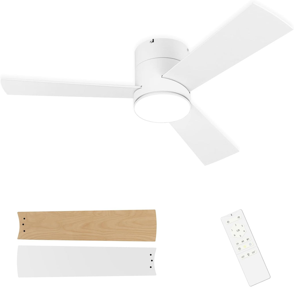 GESUM 42 Inch Ceiling Fan with Lights, Flush Mount Ceiling Fans with Remote Control, Dimmable, 3CCT, Reversible, White Outdoor Ceiling Fans for Patios Bedroom Kitchen Porch