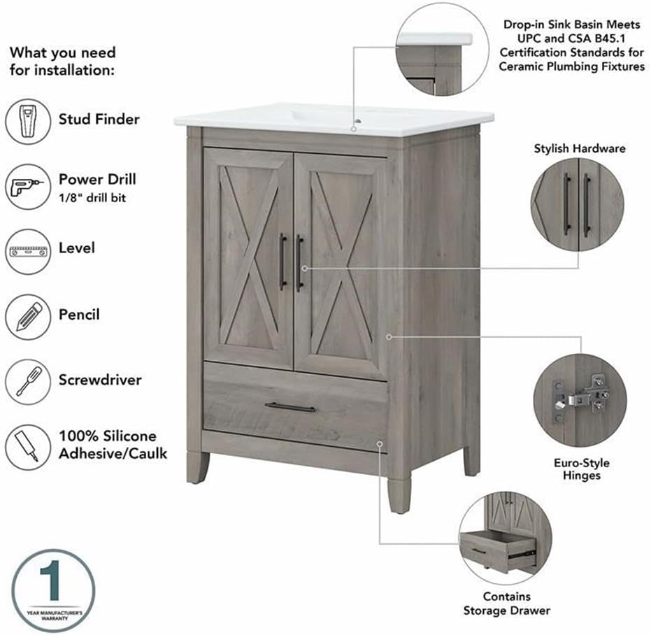 Bush Home Key West 24W Bathroom Vanity with Sink in Driftwood Gray