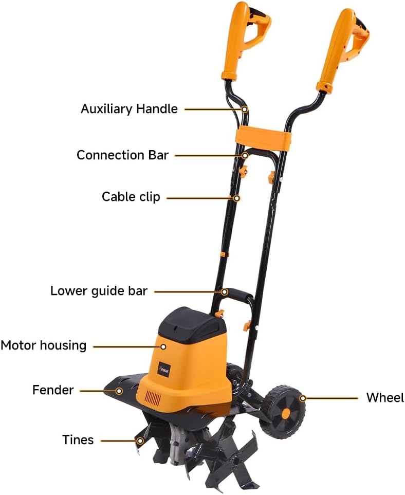 Hoteche Electric Tiller, 1400W 330RPM with 430MM Working Width & 200MM Depth, 6 Steel Blades, Orange & Black, Color Box