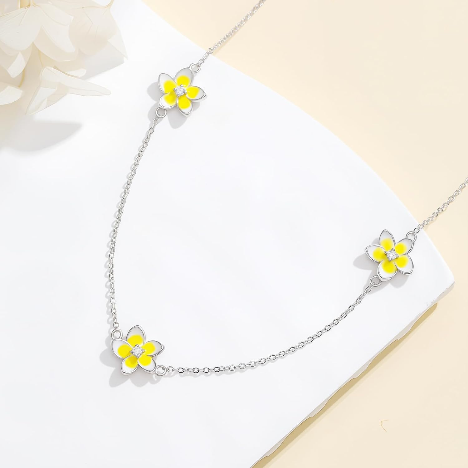 Diamond Plumeria Necklace for Women 925 Sterling Silver 1.2mm Cable Chain and Pendant with Lab Grown Diamond Plumeria Jewelry Gifts