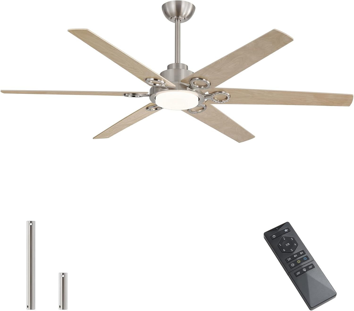 WINGBO Ceiling Fan with Lights - 64 inch Ceiling Fan with Remote,3CCT, Dimmable Light,6 Blades Modern Ceiling Fan, 6-Speed Noiseless Powerful DC Motor, ETL Listed, Indoor/Outdoor， Nickel + Light Wood