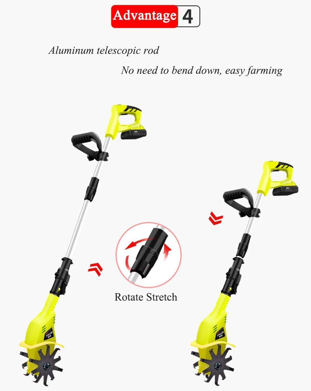 20v Portable Rotavator,Cordless Electric Garden Tiller,Cordless Telescoping Power Cultivator with Rechargeable Battery and Charger