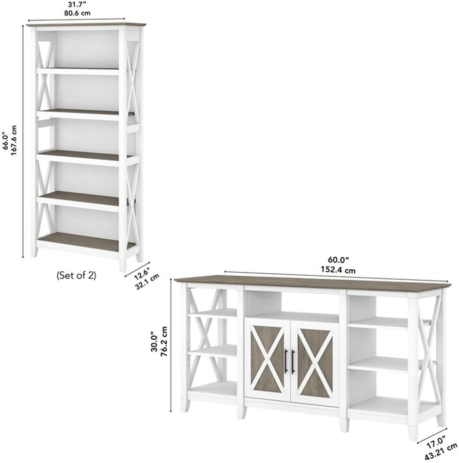 Bush Furniture Key West Tall TV Stand with Set of 2 Bookcases, Farmhouse Entertainment Center for 65 Inch Television, 17D x 60W x 66H, Pure White and Shiplap Gray