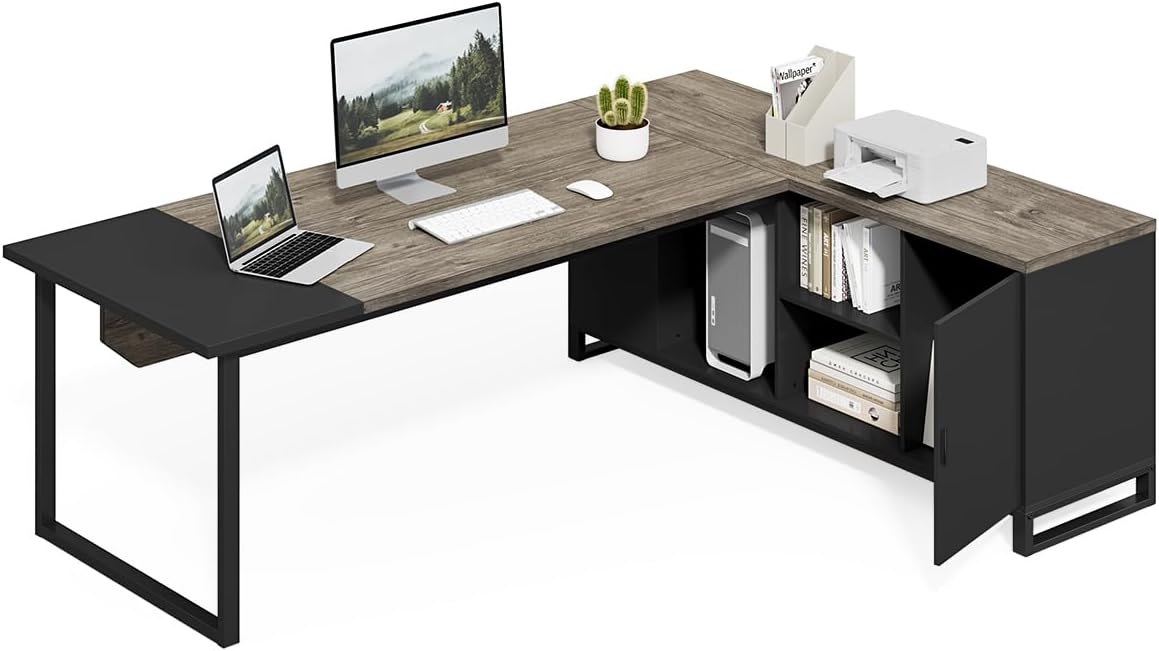 LITTLE TREE 70.8 Inches Executive Desk and 55 Inches File Cabinet Combo, Large L Shaped Computer Desk with Storage Cabinet and Shelves, Modern Business Furniture for Home Office, Grey & Black