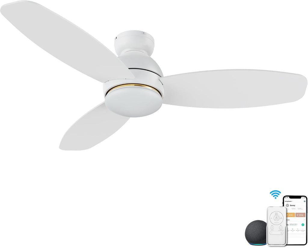 CEME 48' Ceiling Fan with Light Flush Mount, DC 10 Speeds Outdoor Ceiling Fan with Remote, 3 Light Colors Dimmable LED， Compatible with Alexa, Siri & Google Home, White