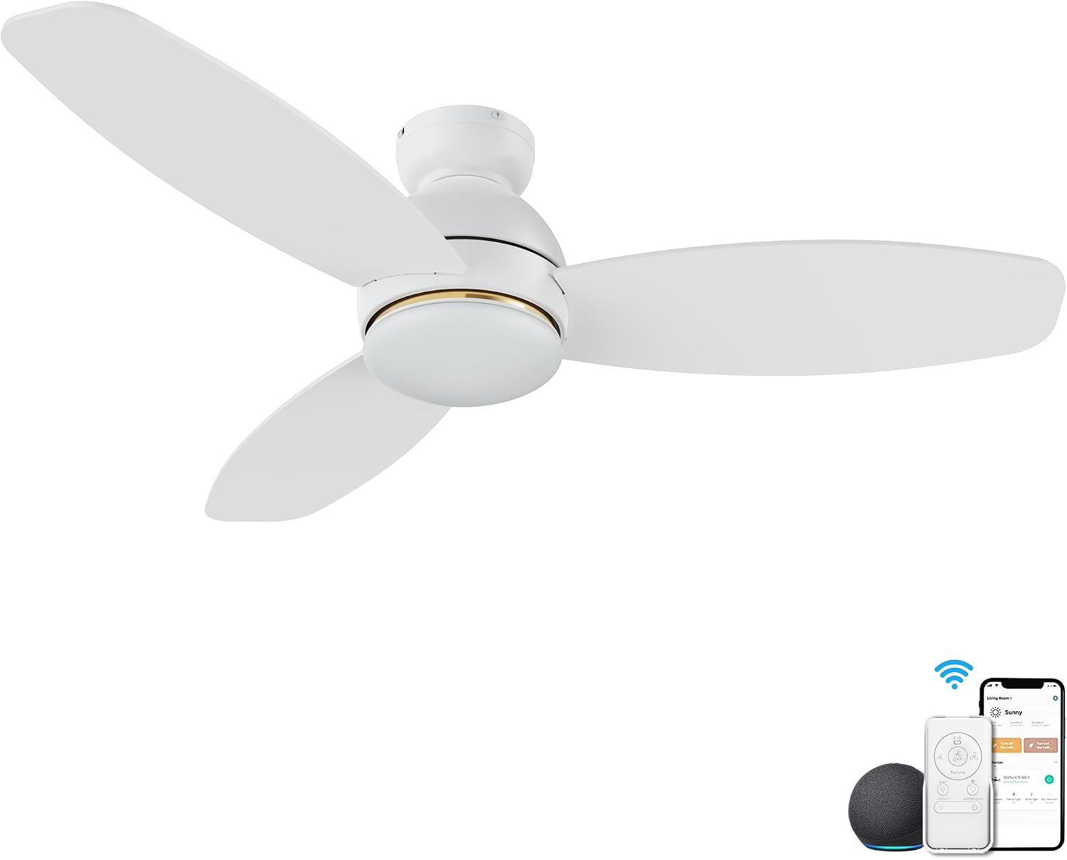 CEME 48' Ceiling Fan with Light Flush Mount, DC 10 Speeds Outdoor Ceiling Fan with Remote, 3 Light Colors Dimmable LED， Compatible with Alexa, Siri & Google Home, White