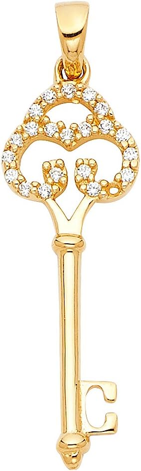 The World Jewelry Center 14k Yellow Gold Key CZ Pendant with 1.2mm Cable Chain Necklace