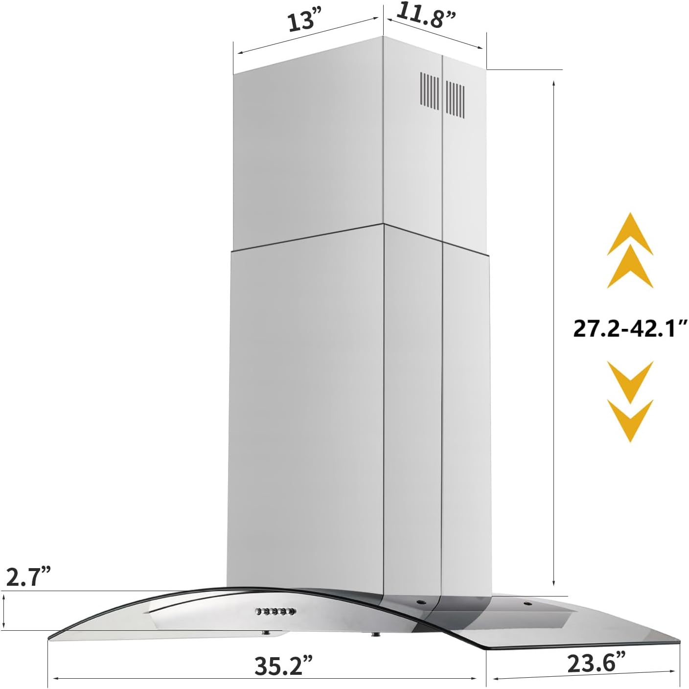 JOEAONZ Island Range Hood 36 inch 700 CFM, Ceiling Mount Kitchen Vent Hood Ducted/Ductless Convertible, 4 LED Lights 5-Layer Filters Extractor Stove Exhaust Fan, Curved Tempered Glass Stainless Steel