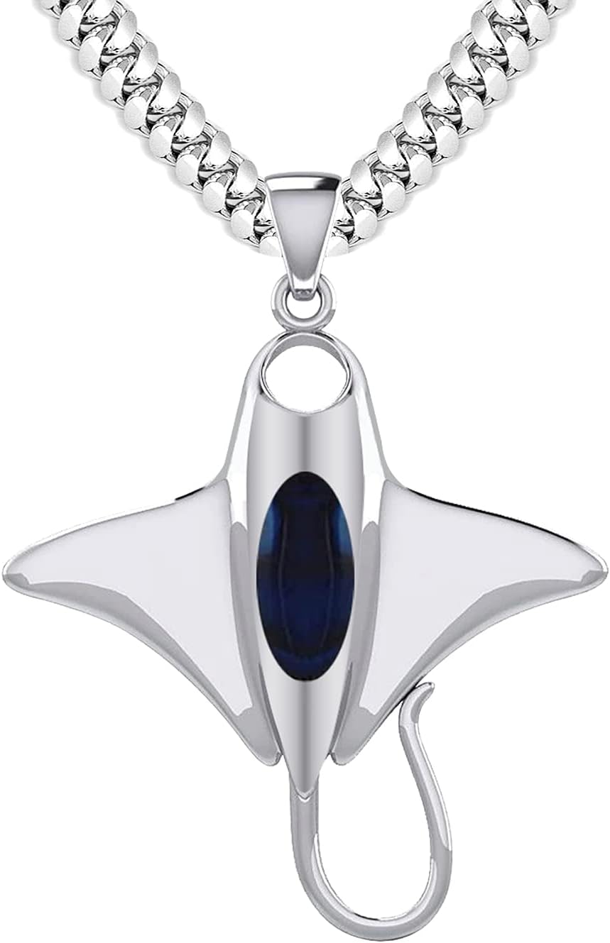 US Jewels Men's 925 Sterling Silver 30.5mm 3D Manta or Sting Ray Aquatic Pendant Necklace, 18in to 24in