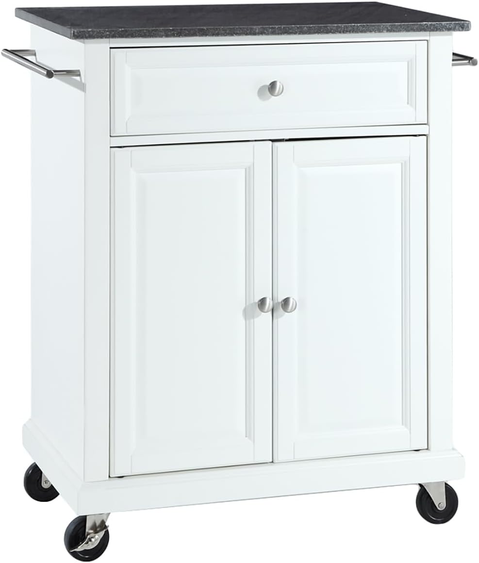 Crosley Furniture Compact Granite Top Small Rolling Cart with Shelves, Microwave Stand with Towel Rack, White
