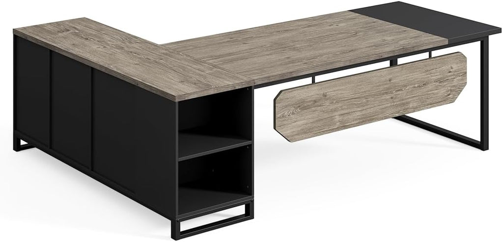 LITTLE TREE 70.8 Inches Executive Desk and 55 Inches File Cabinet Combo, Large L Shaped Computer Desk with Storage Cabinet and Shelves, Modern Business Furniture for Home Office, Grey & Black