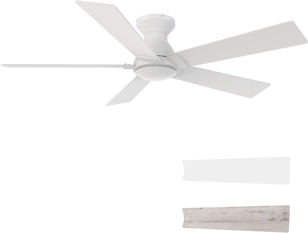 Carro 52 Inch Flush Mount Ceiling Fan without Lights, White Ceiling Fan with Remote Low Profile, 10-Speed Reversible DC Motor, 5 Dual Finish Blades, Indoor for Bedroom