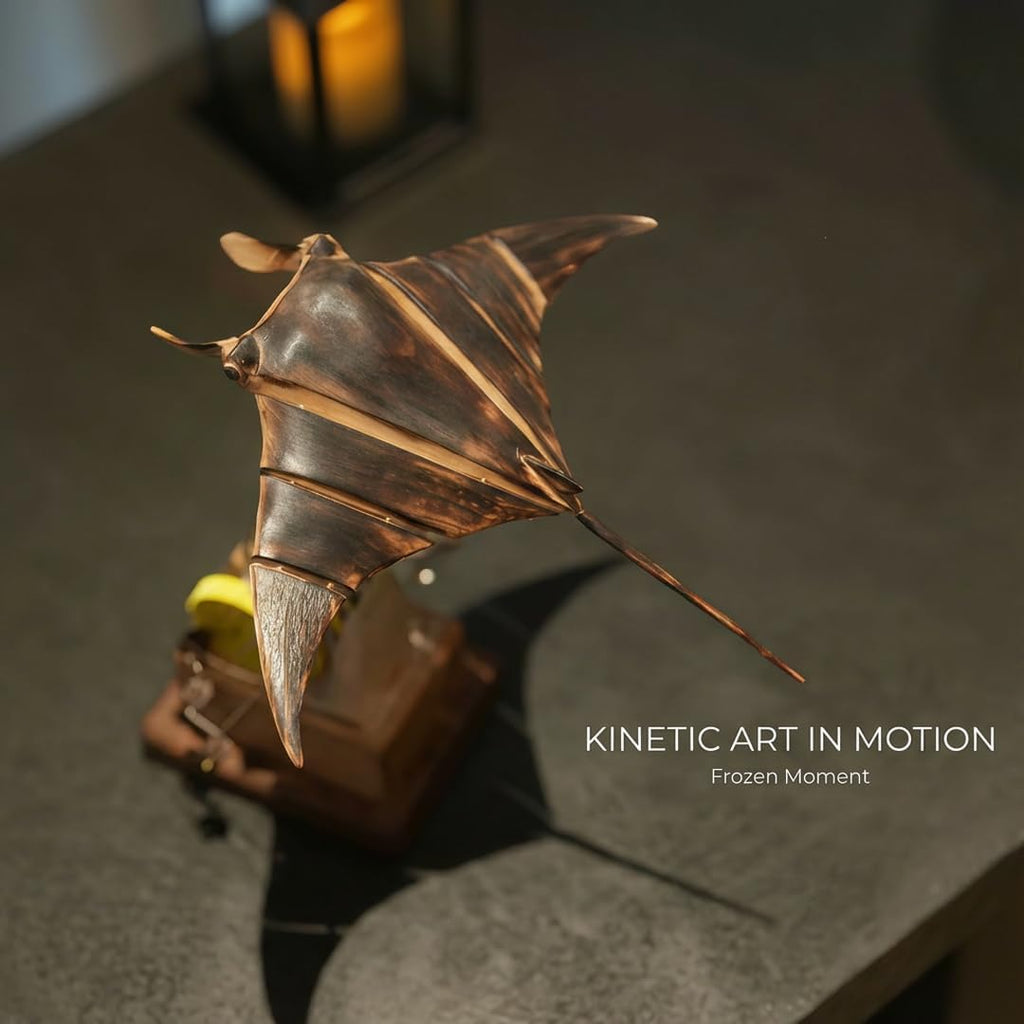 Handcrafted Wooden Kinetic Manta Ray Sculpture - Fluid Motion Automata Desk Decor, Solid Walnut Wood Office Accessory, Unique Relaxation Gift for Men Dad Husband, No Assembly Required